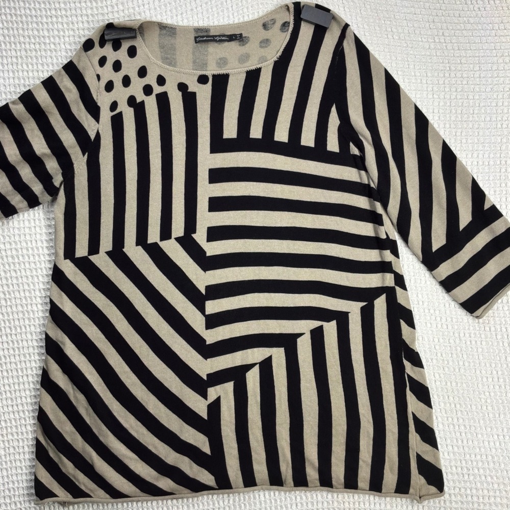 Lagenlook Womens Gudrun Sjoden Geometric Stripe Dot Tunic L Black Beige